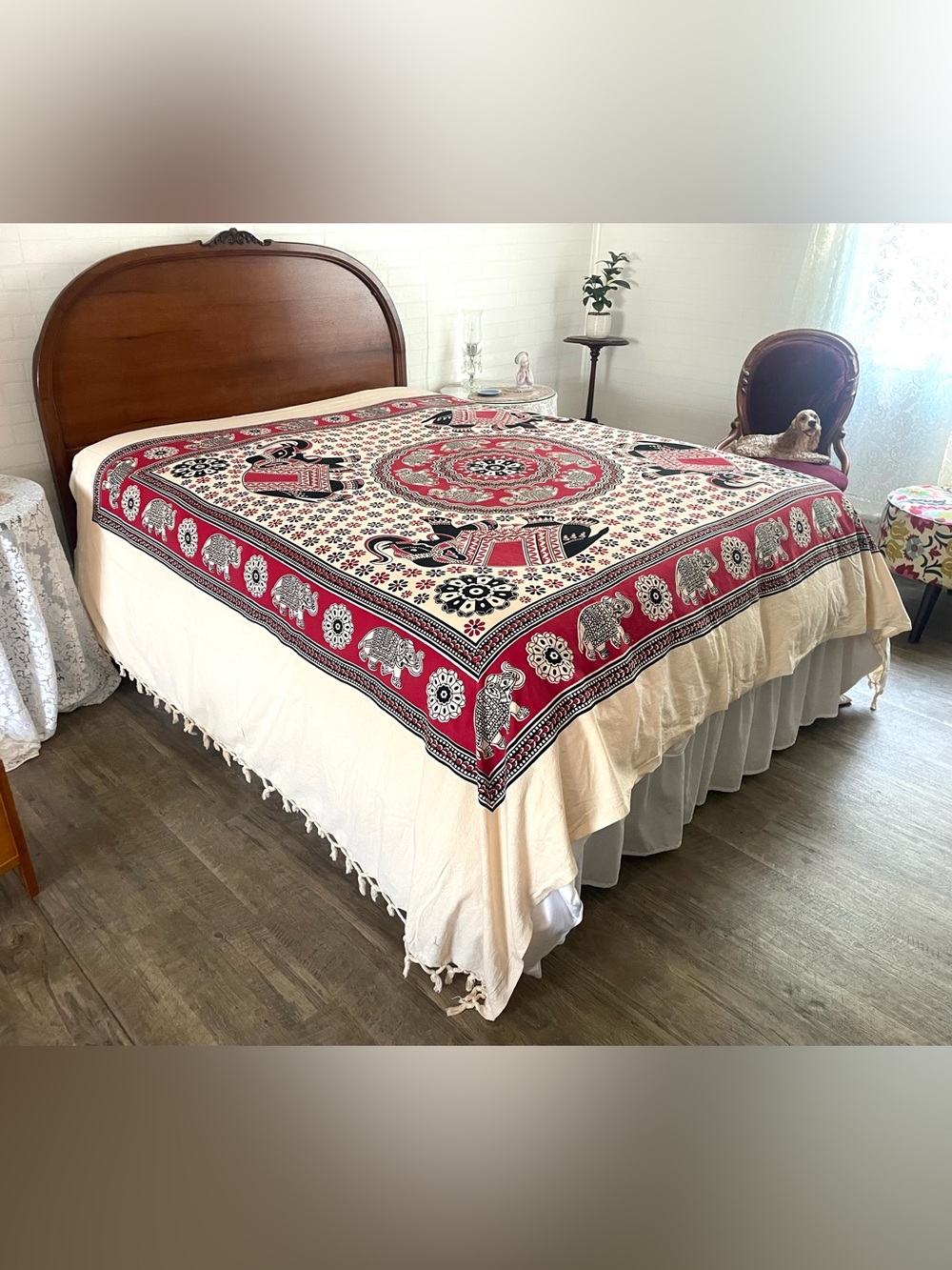 Elephant Block Print Bedspread Boho Hippie Chic Cotton Tassels Red Black 80x100